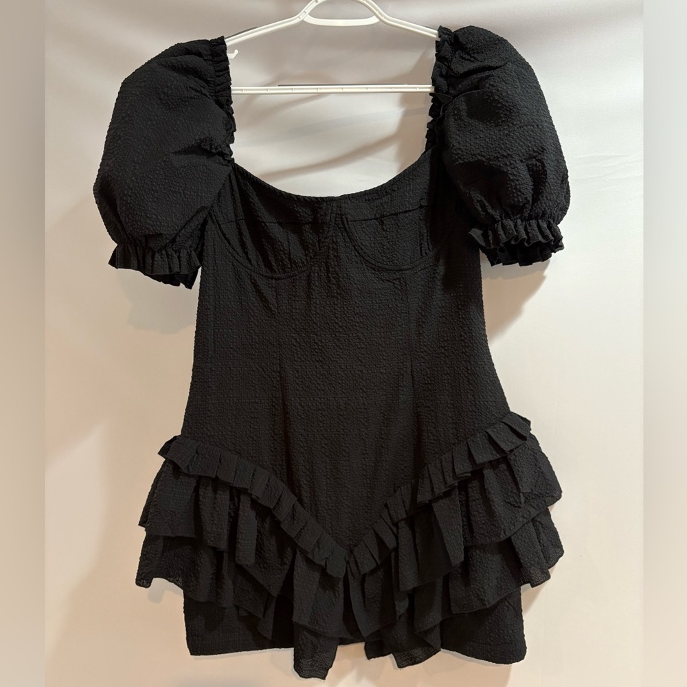 PrettyLittleThing Ruffle Black Puff Sleeve Dress